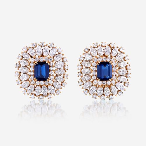 A pair of sapphire, diamond, and eighteen karat gold ear clips
