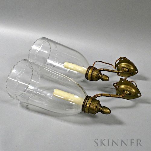 Pair of Brass and Glass Shield-form Sconces