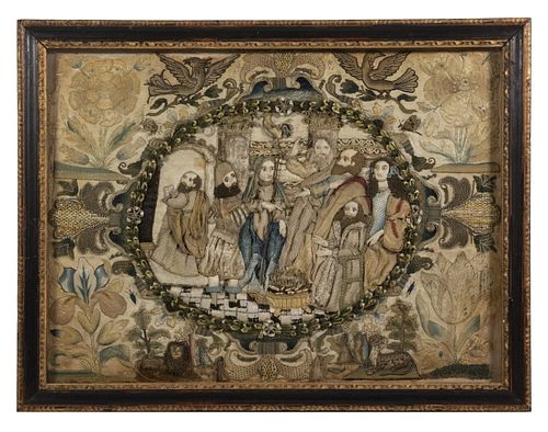 ENGLISH 17TH C. PICTORIAL TRAPUNTO WORK IN EARLY SHADOWBOX FRAME