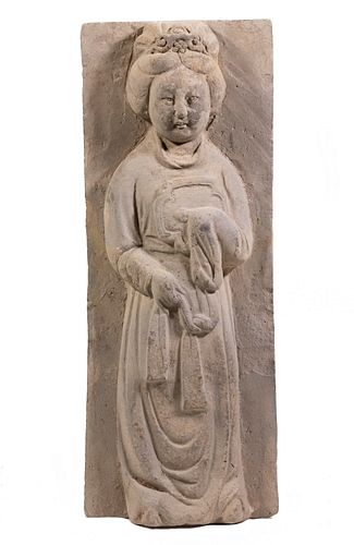 CHINESE JIN DYNASTY (266-420 AD) GREY POTTERY RELIEF PLAQUE PORTRAIT OF A WOMAN