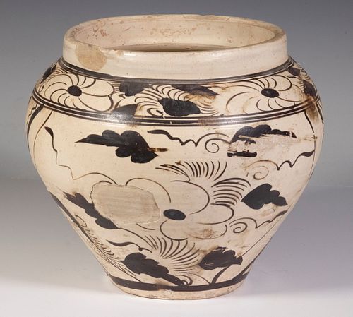 CIZHOU BROWN-PAINTED BUFF-GROUND POTTERY WIDE MOUTH JAR, JIN-YUAN DYNASTY, 12TH-13TH C.