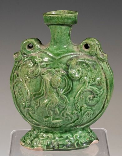 CHINESE TANG DYNASTY (675-750) GREEN GLAZED EARTHENWARE CANTEEN