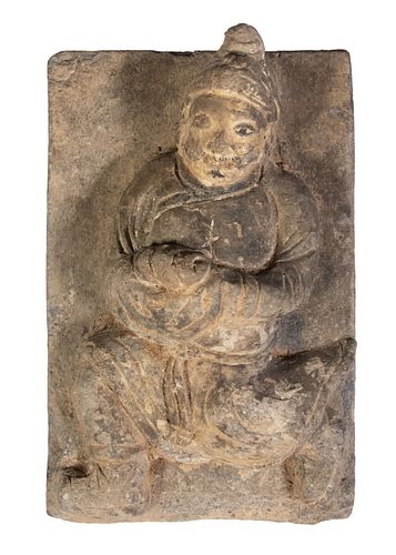 CHINESE SONG DYNASTY CARVED STONE PLAQUE OF A RUNNING ATTENDANT