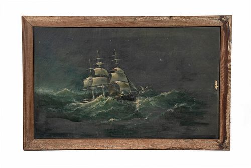 A.E. DOWN, NAIVE PAINTING OF SAILING SHIP IN STORM