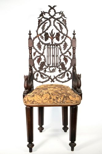 GOTHIC STYLE VICTORIAN CARVED CHAIR WITH "WRH" MONOGRAM