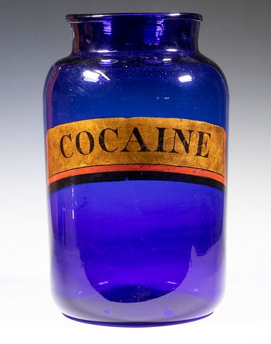 LARGE BLUE GLASS APOTHECARY JAR LABELED "COCAINE"