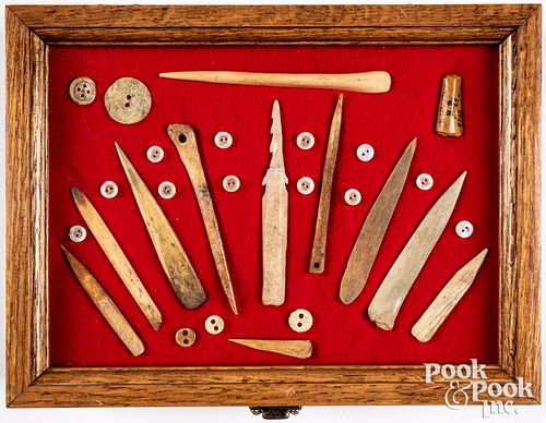 Collection of bone awls, fids and buttons, etc.