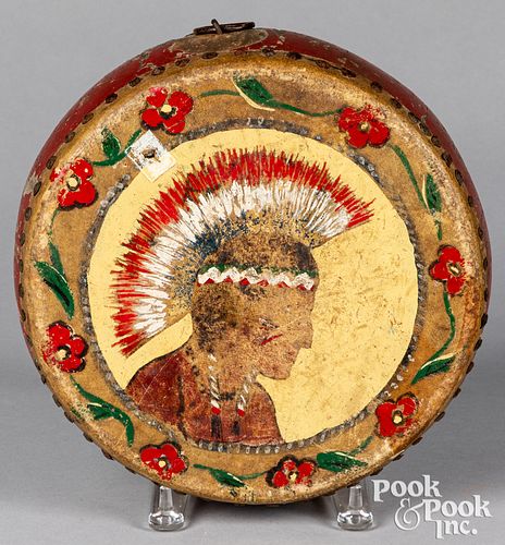 Native American Indian painted wood and hide drum