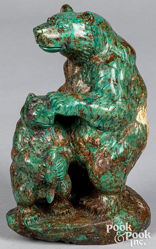 Carved turquoise bear statue, with mother and cub