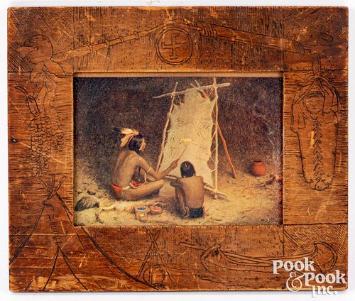Native American Indian pyrograph wood frame