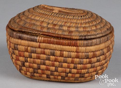 Native American Indian coiled lidded basket