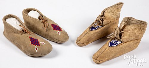 Two pairs of Native American Indian hide moccasins