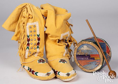 Pair of Native American Indian knee high moccasins
