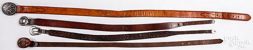 Four Native American Indian handmade leather belts