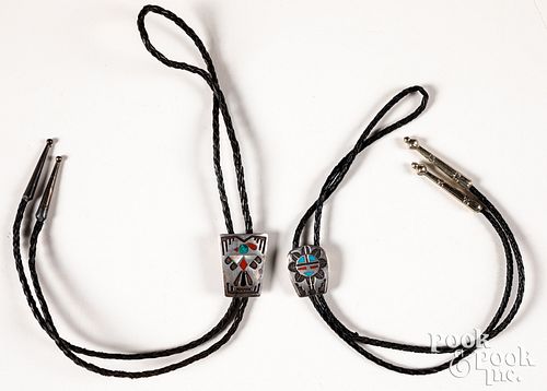 Two Zuni Indian silver and turquoise bolo ties