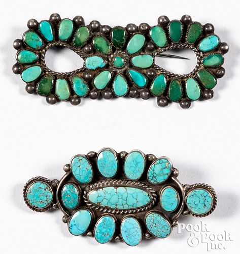 Two Zuni Indian silver and turquoise brooches
