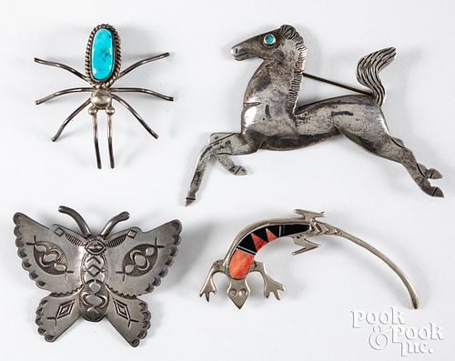 Four Navajo Indian silver animal brooches