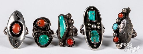 Group of five Navajo Indian silver rings