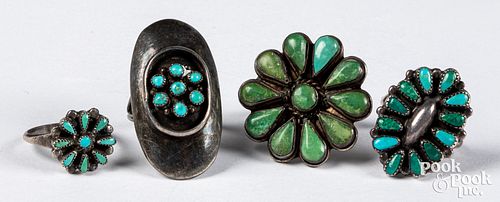 Four Navajo Indian silver and turquoise rings