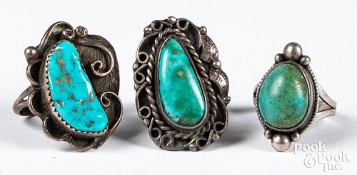 Three Navajo Indian silver and turquoise rings