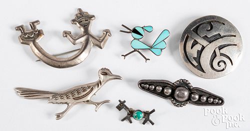 Six Native American made silver pins
