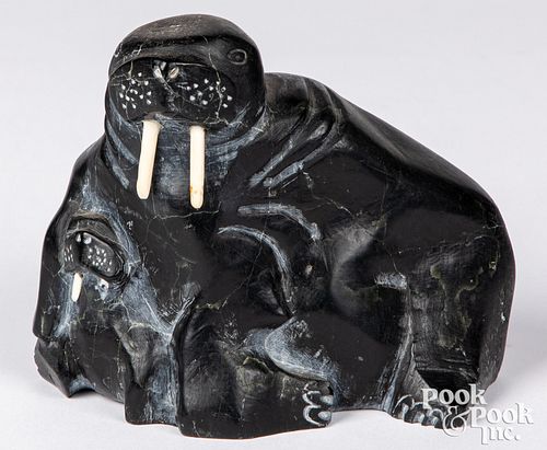 Inuit Indian carved soapstone walrus and pup