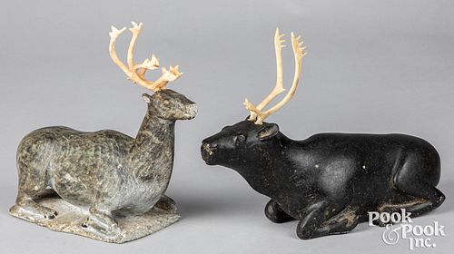 Two Inuit Indian carved soapstone reindeer
