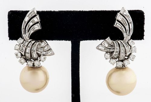 Platinum 14mm South Sea Pearl Diamond  Earrings