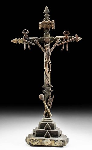 19th C. Mexican Painted Wood Crucifix w/ Christ & Tools