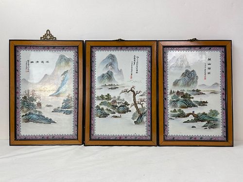 Three Famille Rose Porcelian Plaque Chinese Traditional Landscape Painting Framed