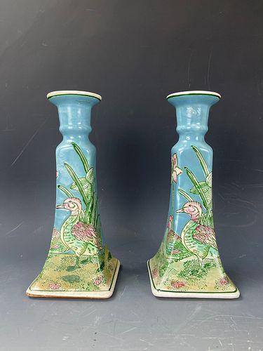 Pair Vintage Chinese Porcelain Candle Stick Holders