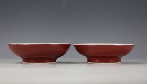 A Pair of Iron Red Glazed Blue and White Figural Saucers