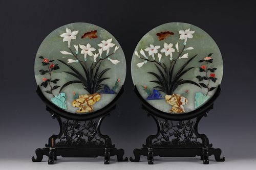 A Pair of Chinese Jade Table Screens on Wooden Stand