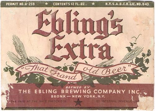 1933 Ebling's Extra Beer 12oz NY38-15 - New York, New York