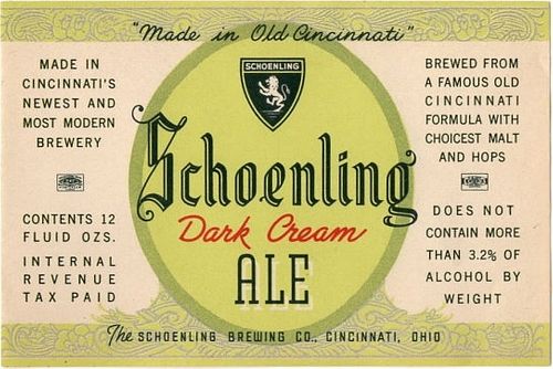 1947 Schoenling Dark Cream Ale 12oz OH34-08 - Cincinnati, Ohio
