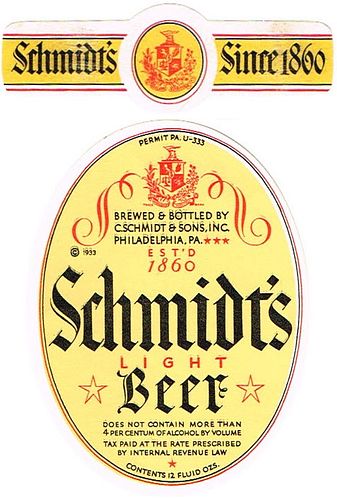 1934 Schmidt's Light Beer 12oz PA86-08 - Philadelphia, Pennsylvania