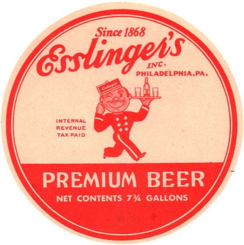 1942 Esslinger's Premium Beer 7Â¾ Gallon Quarter Barrel PA73-13 - Philadelphia, Pennsylvania