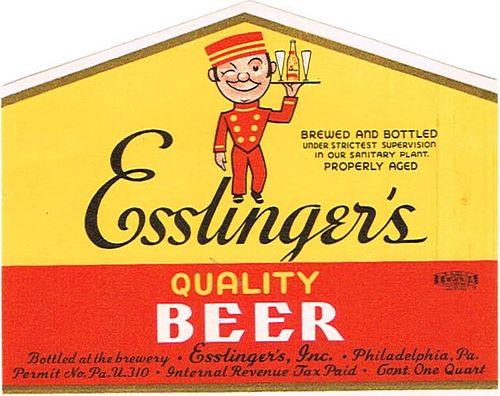 1934 Esslinger's Quality Beer 32oz One Quart PA72-05V - Philadelphia, Pennsylvania