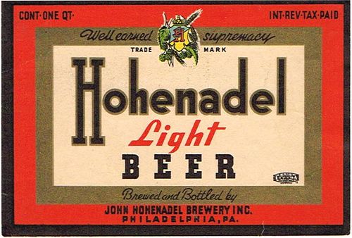 1937 Hohenadel Light Beer 32oz One Quart PA75-15 - Philadelphia, Pennsylvania
