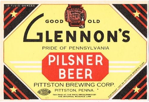 1934 Glennon's Pilsner Beer 12oz PA98-23 - Pittston, Pennsylvania