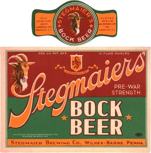 1934 Stegmaier's Bock Beer 12oz PA124-18 - Wilkes-Barre, Pennsylvania