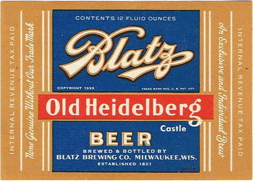 1939 Blatz Old Heidelberg Castle Beer 12oz WI288-63 - Milwaukee, Wisconsin