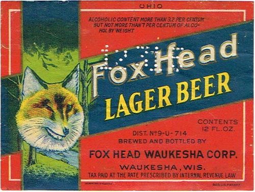1934 Fox Head Lager Beer (Ohio) 12oz WI514-39 - Waukesha, Wisconsin