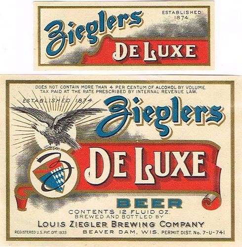 1936 Ziegler's De Luxe Beer 12oz WI28-04 - Beaver Dam, Wisconsin