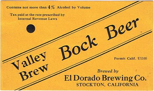 1935 Valley Brew Bock Beer No Ref. Keg or Case Label WS56-20 - Stockton, California