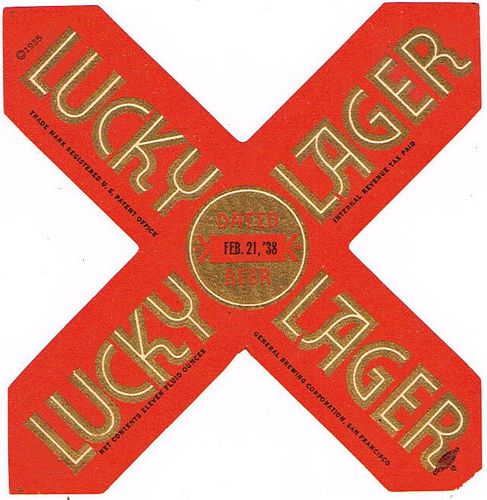 1938 Lucky Lager Beer 11oz WS37-13 - San Francisco, California