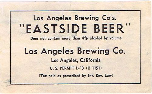 1933 Eastside Beer No Ref. Keg or Case Label WS15-23 - Los Angeles, California