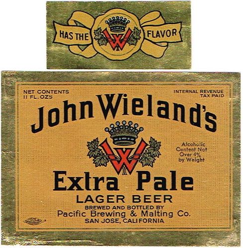 1939 John Wieland's Extra Pale Lager Beer 11oz WS50-08V - San Jose, California