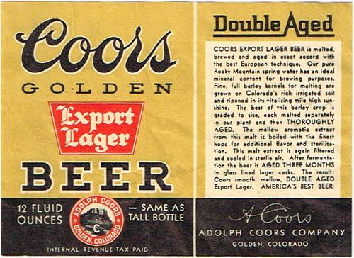 1936 Coors Golden Export Lager Beer 12oz WS63-06 - Golden, Colorado