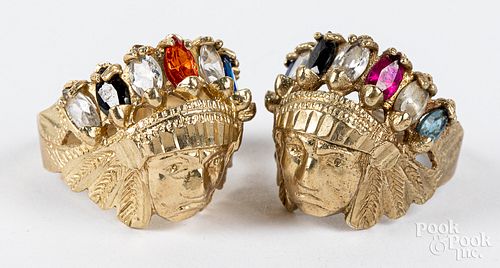Pair of 10K gold and stone Indian Head rings